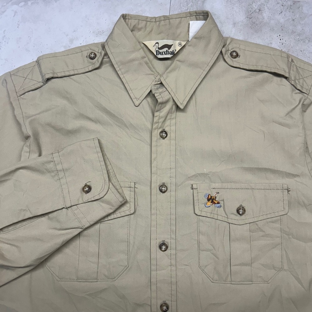 Duxbak Utility Button Up Shirt Tan Men XL Epaulets Hunting Safari Workwear